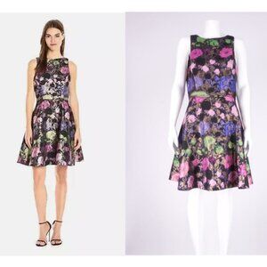 NWT Tahari Metallic Flower Dress- Black/ Pink/ Blue